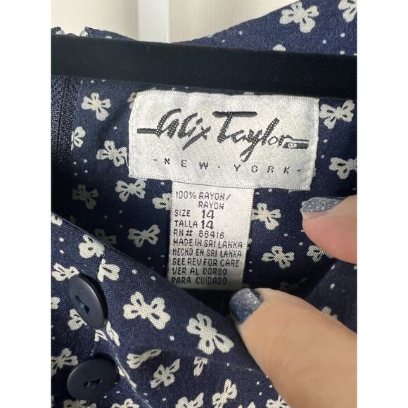 90s Alix Taylor NY Blue Rayon Bow Print Romper Dress Button Front Tie Back XS - Picture 2 of 7